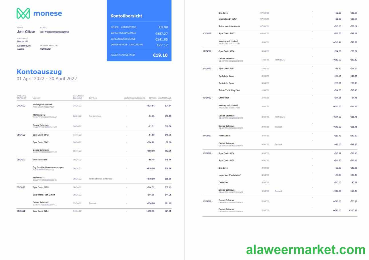 Germany Monese bank statement on Deutsch, 3 pages
